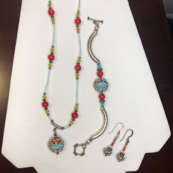 Blue crab bead handmade necklace bracelet earring - Picture 1 of 5